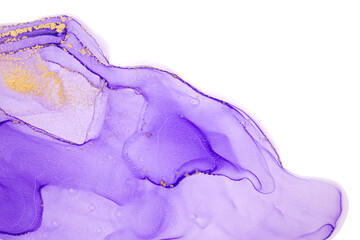 Transparent dark violet watercolor drops background with gold glitter.