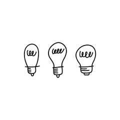 Light bulb doodle collection. Hand drawn simple electric lamps, symbols of ideas, solutions, innovation and creativity.