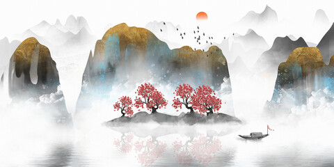 Chinese style gold foil ink landscape background illustration