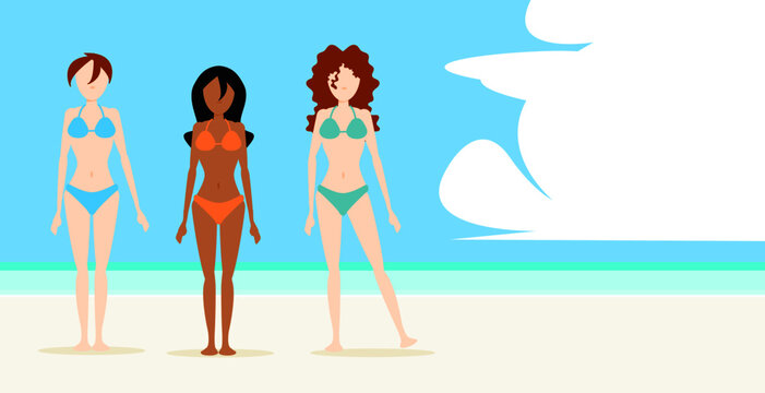A group of women friends who are different in a bikini standing on the beach. Illustration summer holiday. Vector flat design