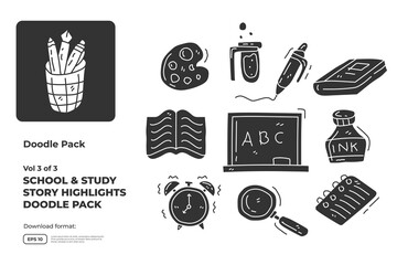 School and study doodle icon set with silhouette glyph solid style. hand drawn vector illustration