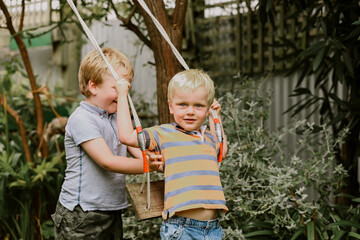 Beautiful happy brothers playing together on backyard swing set