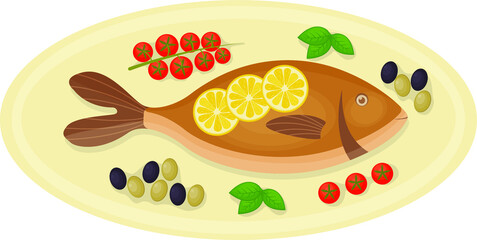 baked fish of the Mediterranean Sea dorado on an oval plate with tomatoes olives and basil. A dish of Mediterranean cuisine. Vector illustration isolated on white background.
