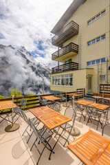 View from hotel or restaurant veranda in the Swiss Alps. Fantastic mountain view. Jungfrau Region.