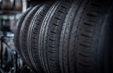 Fototapeta na wymiar Close up car wheel ,car tire storage warehouse garage for costumer service.