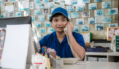 Car mechanic on line center customer service help to support  and consultant assistance about car maintenance ,costumer care service concept.