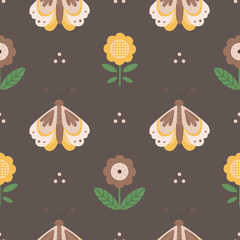 Seamless pattern with butterflies and folk flowers. Great for fabric, textile. Vector Illustration