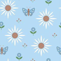 Seamless pattern with butterflies and boho flowers.  Creative nature texture for fabric, wrapping, textile, wallpaper, apparel.