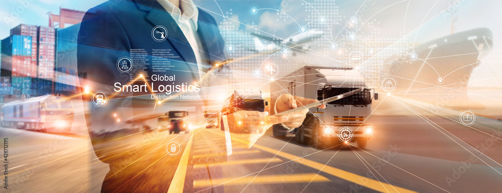 Poster Smart logistics and transportation. Businessman use tablet and analyzing on logistic global network distribution on world map background. Technology. Business of transport and industrial.