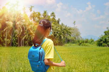 A girl carrying a backpack is standing and watching a rice field sunrise.
