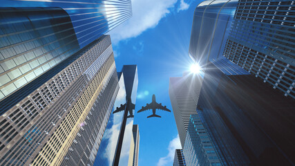 Flying Airplane Bottom View Over Skyscrapers Modern City.Airplane Flying Above Skyscrapers Modern City.The plane flew over the financial building.3D rendering.