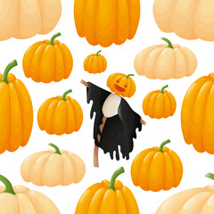Seamless pattern with pumpkins and scarecrow.