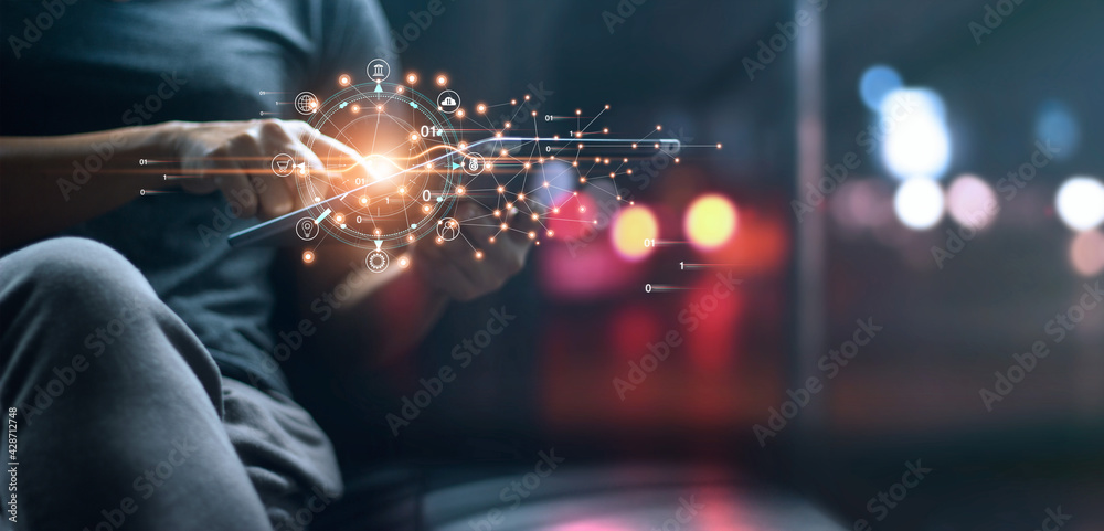 Poster woman using digital tablet on global network and data exchanges, banking, payment and shopping onlin