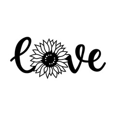Love print for t-shirt, Love sunflower lettering, Love vector illustration