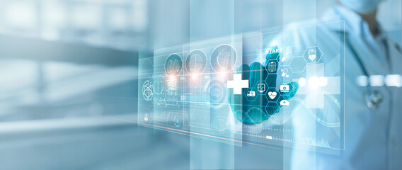 .Medicine doctor touching and diagnose electronic medical record of patient on interface. DNA. Digital healthcare and network on modern virtual screen, medical technology and futuristic concept.