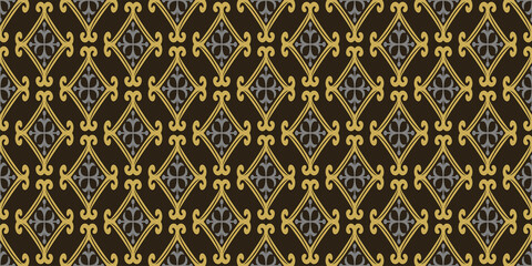 Ethnic background pattern with gold elements on a black background. Seamless pattern, texture. Suitable for design book cover, poster, wallpaper, invitation, cards. Vector image