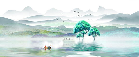 Chinese style blue ink landscape painting © 心灵艺坊