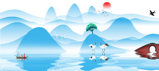 Original Chinese style ancient architecture ink landscape illustration background