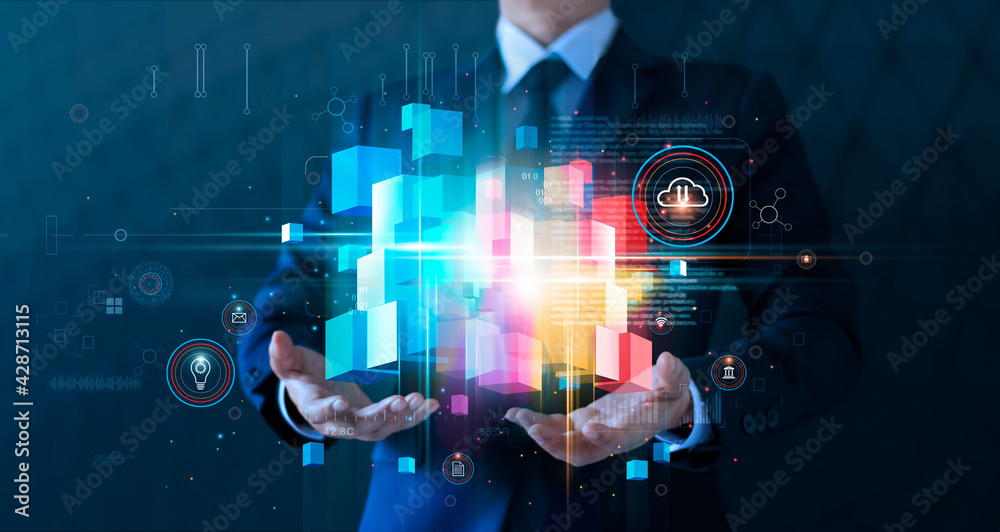 Poster Businessman holding block chain network and cloud computing online connecting to big data innovation of technology. Analytics and intelligence data storage develop smart decision in global business