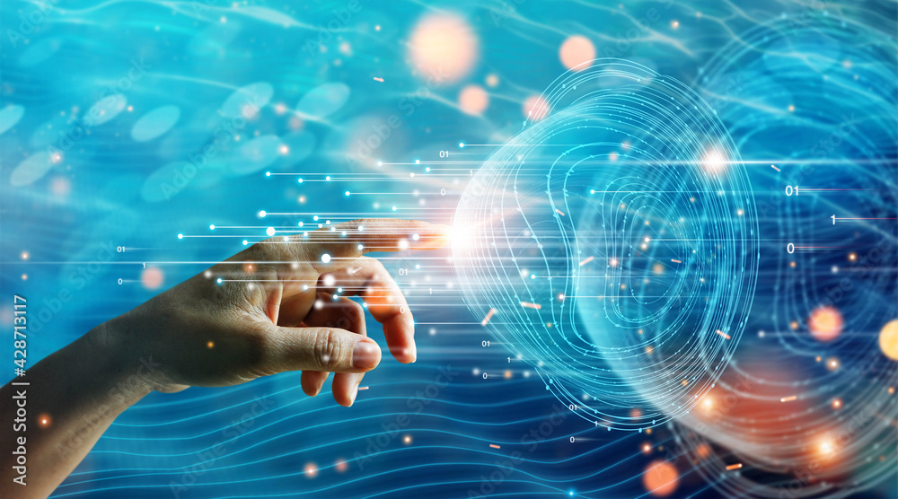 Leinwandbilder Hand of businessman touching global network connection information data exchanges, Abstract futuristic, big data, Data sorting flow process, Science and innovation of technology