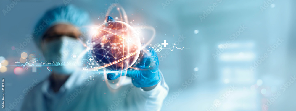 Aufkleber doctor holding virtual globe with healthcare network connection. science and medical innovation tech