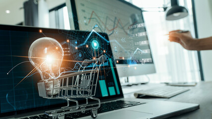 Abstract of digital marketing,  Glowing of light bulb in cart on laptop and icon digital marketing,...