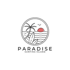 surf line icon logo vector symbol illustration design, surf and sunset logo minimal design