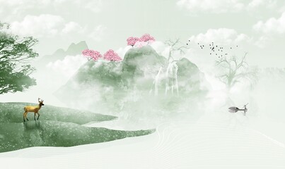 Hand painted green ink landscape background illustration