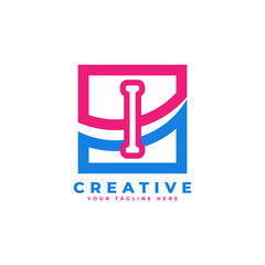 Corporation Letter I Logo With Square and Swoosh Design and Blue Pink Color Vector Template Element