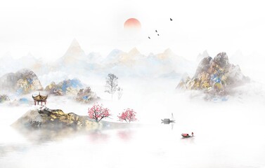Original Chinese style ancient architecture ink landscape illustration background