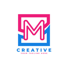 Corporation Letter M Logo With Square and Swoosh Design and Blue Pink Color Vector Template Element