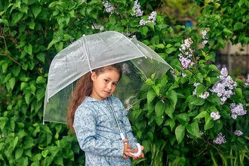 Pensive little girl with a transparent umbrella on a rainy spring day