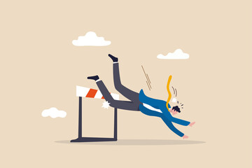 Business failure, mistake or cannot overcome difficulty or obstacle, problem or underperform employee concept, frustrated businessman loser fail to jump over hurdle and falling to the ground.