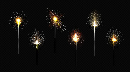 Bengal fire set, sparkler lights for Christmas, birthday party or New Year celebration isolated on transparent background. Vector realistic 3d illustration of burning firework on stick with sparkles