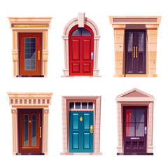 Fototapeta na wymiar Closed front doors with stone frame for building facade. Vector cartoon set of house entrance, red, brown and blue wooden doors with knobs and windows isolated on white background