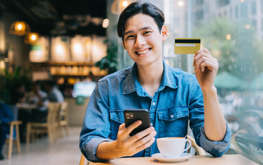 Asian man working at cafe on weekend