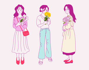 Girls standing with flowers. hand drawn style vector design illustrations. 