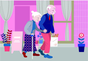 An affectionate elderly couple is walking down the street. hand drawn style vector design illustrations. 