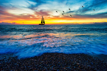 Sunset Ocean Sailboat