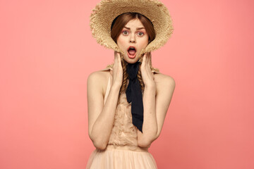 beautiful elegant woman in hat cosmetics glamor elegant stylish pink background