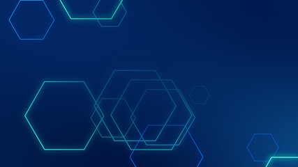 Hexagon geometric blue neon lights technology Hi-tech dark background. Abstract graphic digital future science concept design.