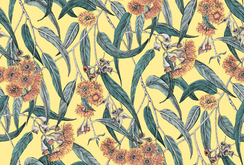 Seamless pattern with eucalyptus flowers and leaves. Eucalyptus grove. Gum tree forest.