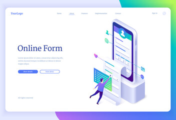 Online form banner. Web application for registration account, digital survey. Vector landing page with isometric illustration of person fills profile information in mobile app on smartphone - obrazy, fototapety, plakaty