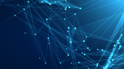 Naklejka na ściany i meble Abstract blue polygon tech network with connect technology background. Abstract dots and lines texture background. 3d rendering.