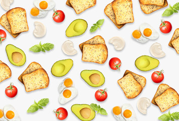 Set of fresh ingredients for tasty sandwiches on white background