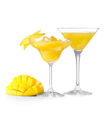 Glasses of tasty mango margarita on white background