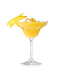 Fototapeta na wymiar Glass of tasty mango margarita on white background