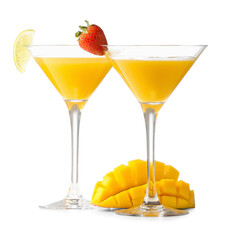 Glasses of tasty mango margarita on white background