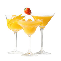 Glasses of tasty mango margarita on white background