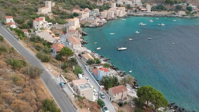 Iconic aerial view over the picturesque famous Limeni village in Mani area Laconia, Greece